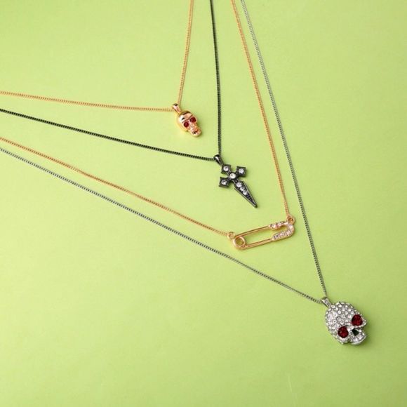 Layered Skull Safety Pin Cross Rose Gold Gun Metal Silver Necklace NWT - Picture 5 of 8